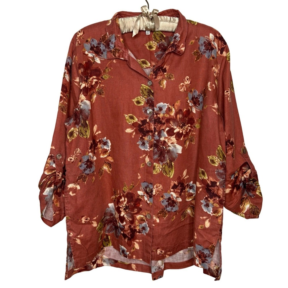 John Mark 100% Linen L Floral Mandarin Collar Roll Tab Sleeve Shirt Terracotta
